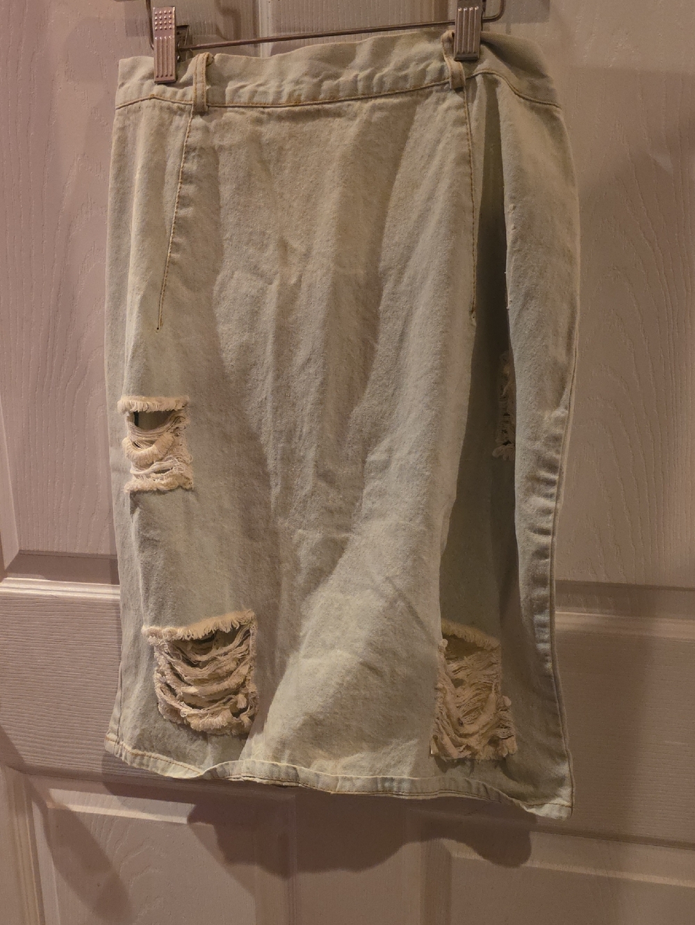 Distressed Light Green Denim Midi Skirt - Women